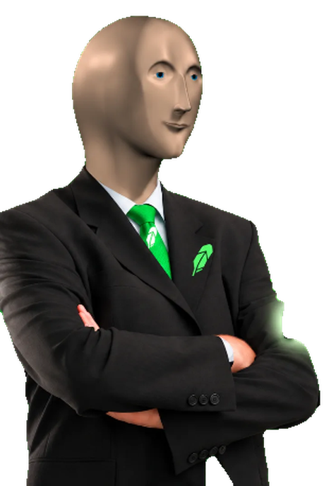 Robin Stonks, a suited meme figure with arms folded